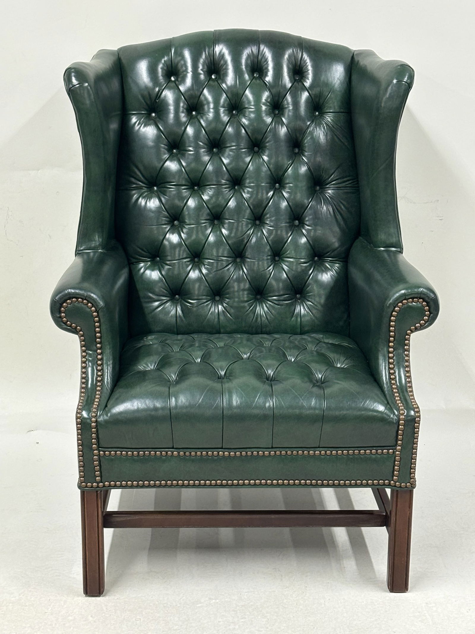 Green Leather Tufted Wing Chair and Ottoman (1 of 8)