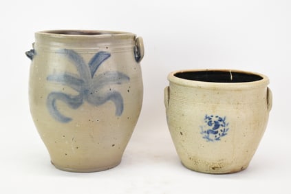 Blue Floral Decorated Stoneware Crock