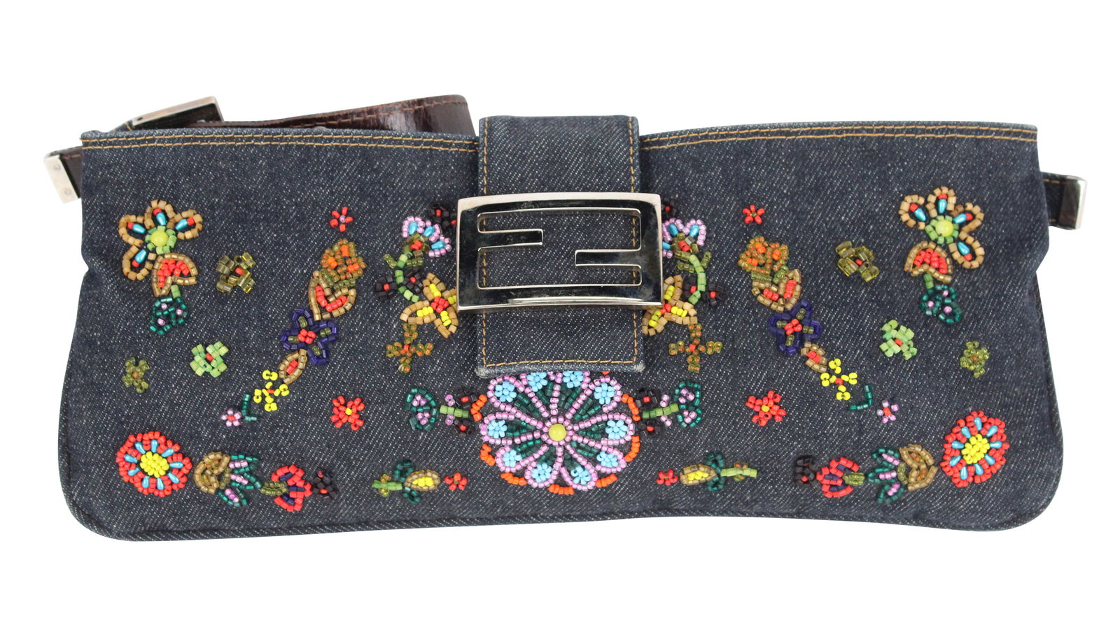 Fendi Beaded Denim Mama Baguette: Fendi Beaded Denim Mama BaguetteStains and wear. This bag has been authenticated.Provenance: The Estate of Susan Chalom, New York, NY5 1/4 x 12 in. (13.3 x 30.5 cm.)