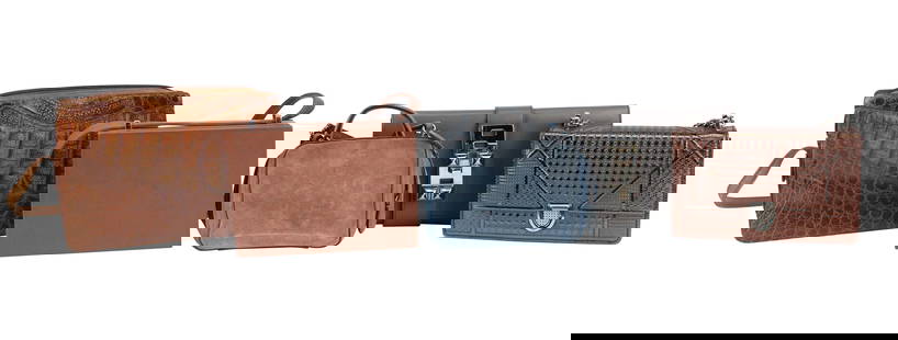 Mark Cross Blue Suede Shoulder Bag: Mark Cross Blue Suede Shoulder BagWith dust bag, tear to lining. Together with a Nappa Dori hard sided shoulder bag, a Revillon brown crocodile bag, a Sirni grey leather clutch, and a copper tone shou