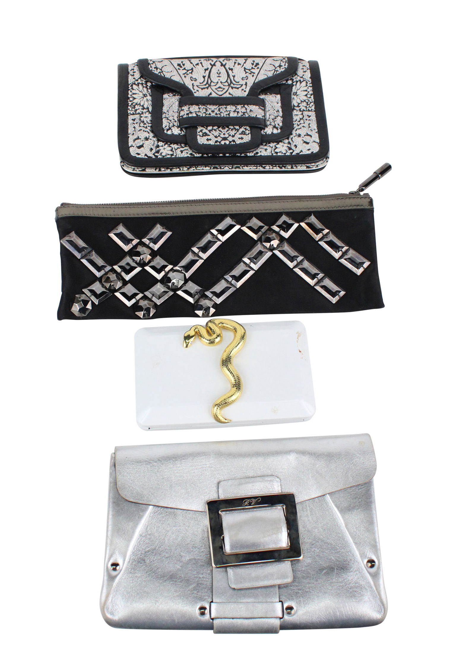 Pierre Hardy Leather Clutch: Pierre Hardy Leather ClutchTogether with a Burberry silk and rhinestone clutch, a Roger Vivier silver clutch, and a Kilian snake decorated clutch. 4 piecesProvenance: The Estate of Susan Chalom, New Y
