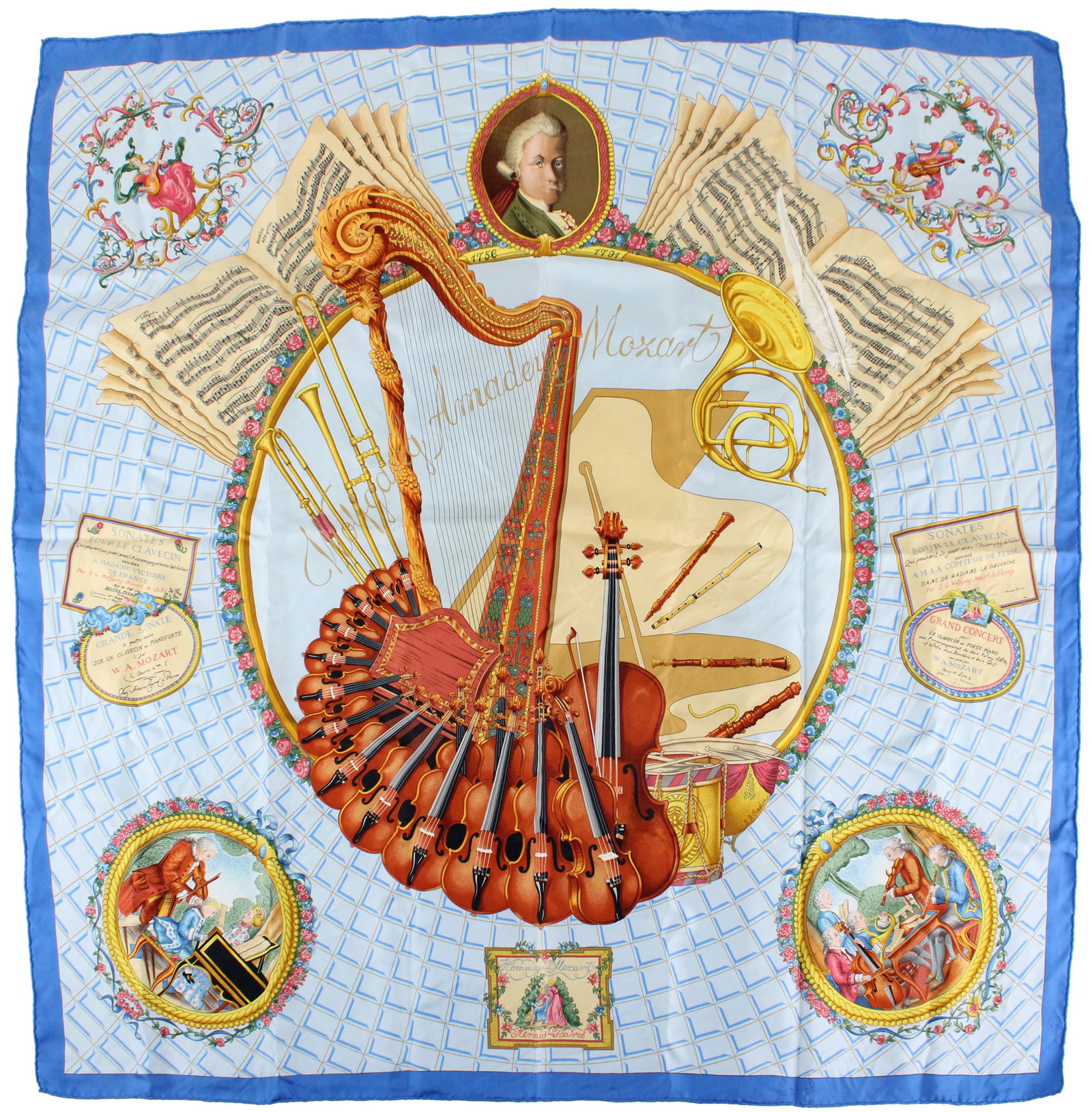 Hermes "Hommage a Mozart" Silk Scarf: Hermes "Hommage a Mozart" Silk Scarf Designed by Julie Abadie, first released 1991, lacking care tag. This scarf has been authenticated. Wear associated with use, little to no stains. Proven