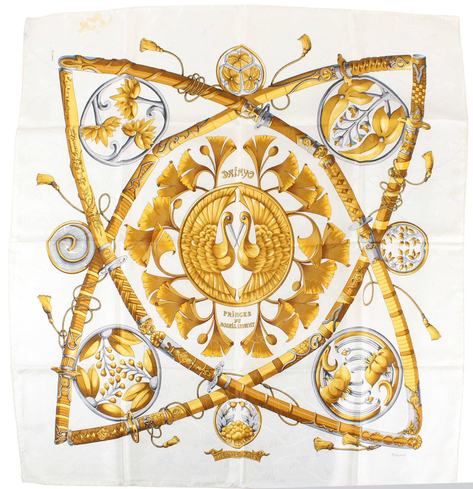 Hermes Daimyo Princess du Soleil Levant Silk Scarf: Hermes Daimyo Princess du Soleil Levant Silk Scarf Inspired by feudal Japan, designed by Francoise Faconnet, first released in 1991, reissued in 1998. This scarf has been authenticated. Wear associate