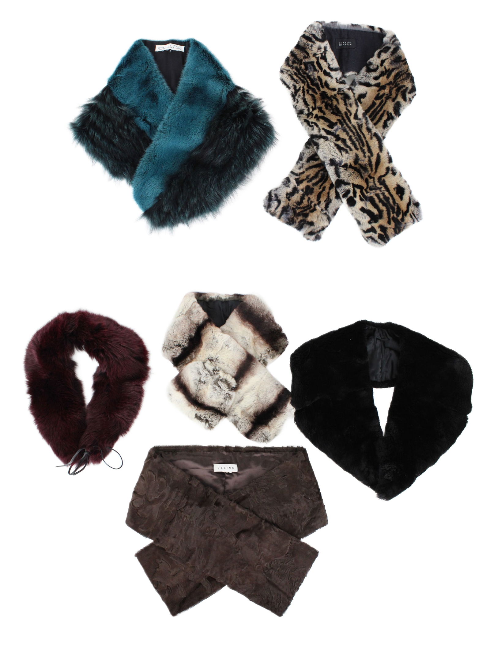 Oscar de la Renta Turquoise Fur Scarf: Oscar de la Renta Turquoise Fur ScarfTogether with a Celine brown fur scarf, a Cassini red fur muffler, a black fur muffler, a stripped fur muffler, and a Barney's animal print fur scarf. 6 piecesWear
