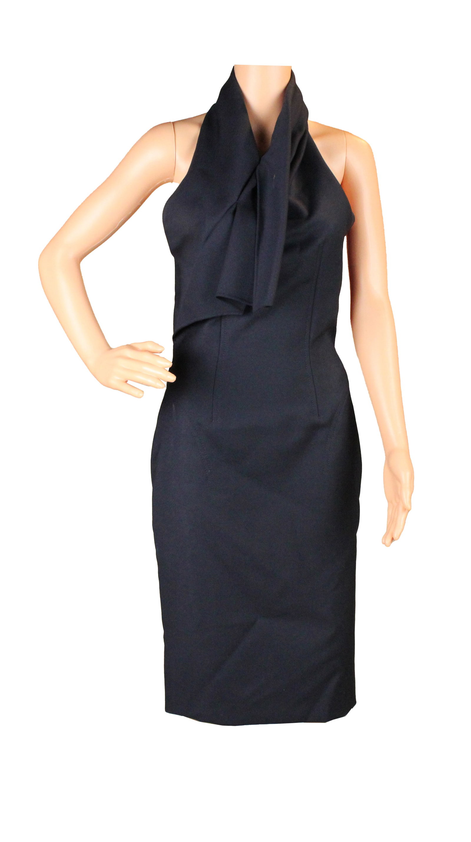 Christian Dior Navy Blue Halter Dress: Christian Dior Navy Blue Halter Dress Size 36 France, size 4 US, wool blend. Wear associated with use, some stains. Provenance: The Estate of Susan Chalom, New York, NY 44 1/2 x 12 1/4 in. (113 x 31.1