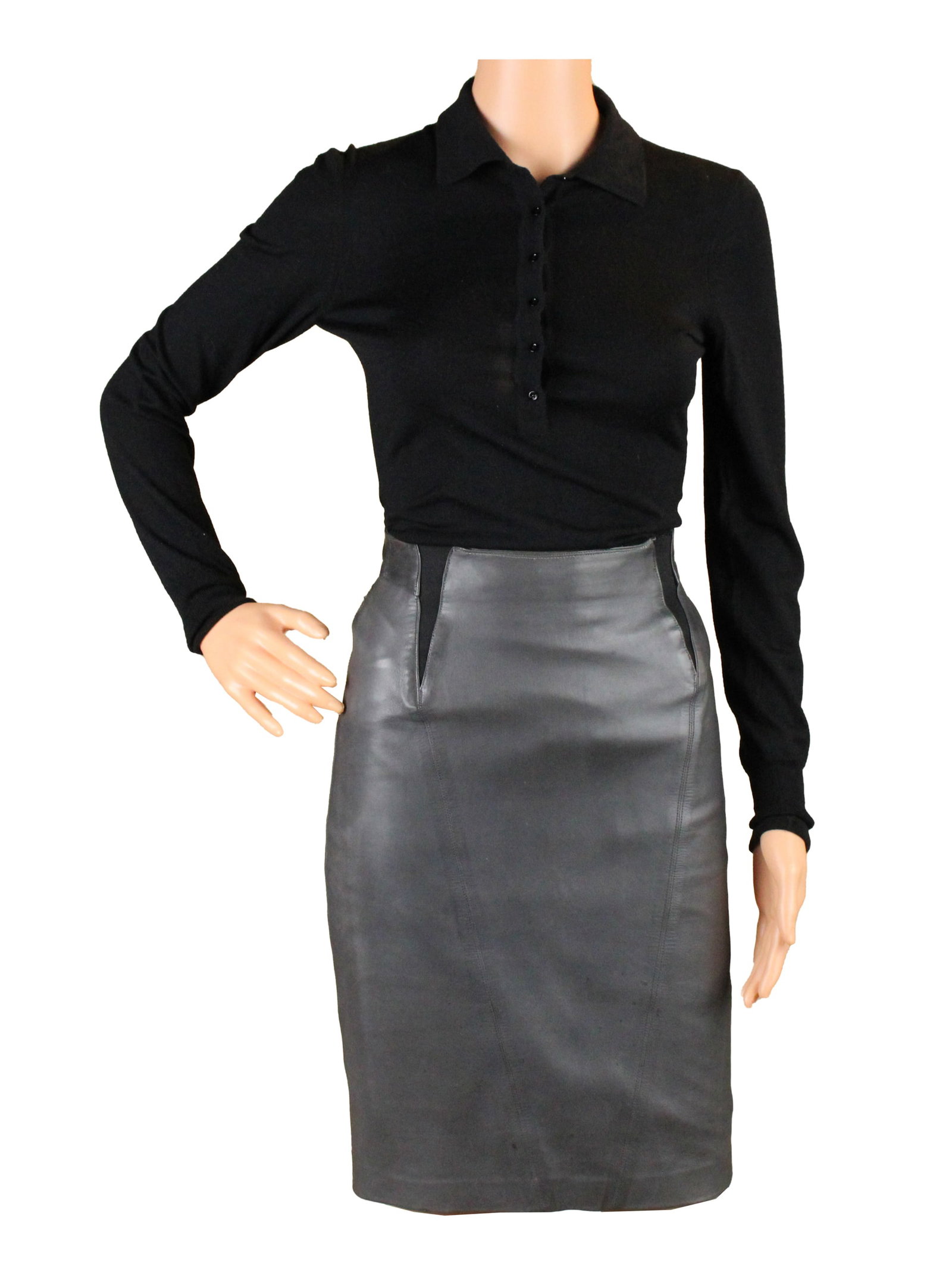 Alaia Leather Skirt and Black Knit Bodysuit: Alaia Leather Skirt and Black Knit Bodysuit Bodysuit size 38, made of fleece wool with collar and buttons, skirt size 38. Wear associated with use, stains to leather. Provenance: The Estate of Susan C