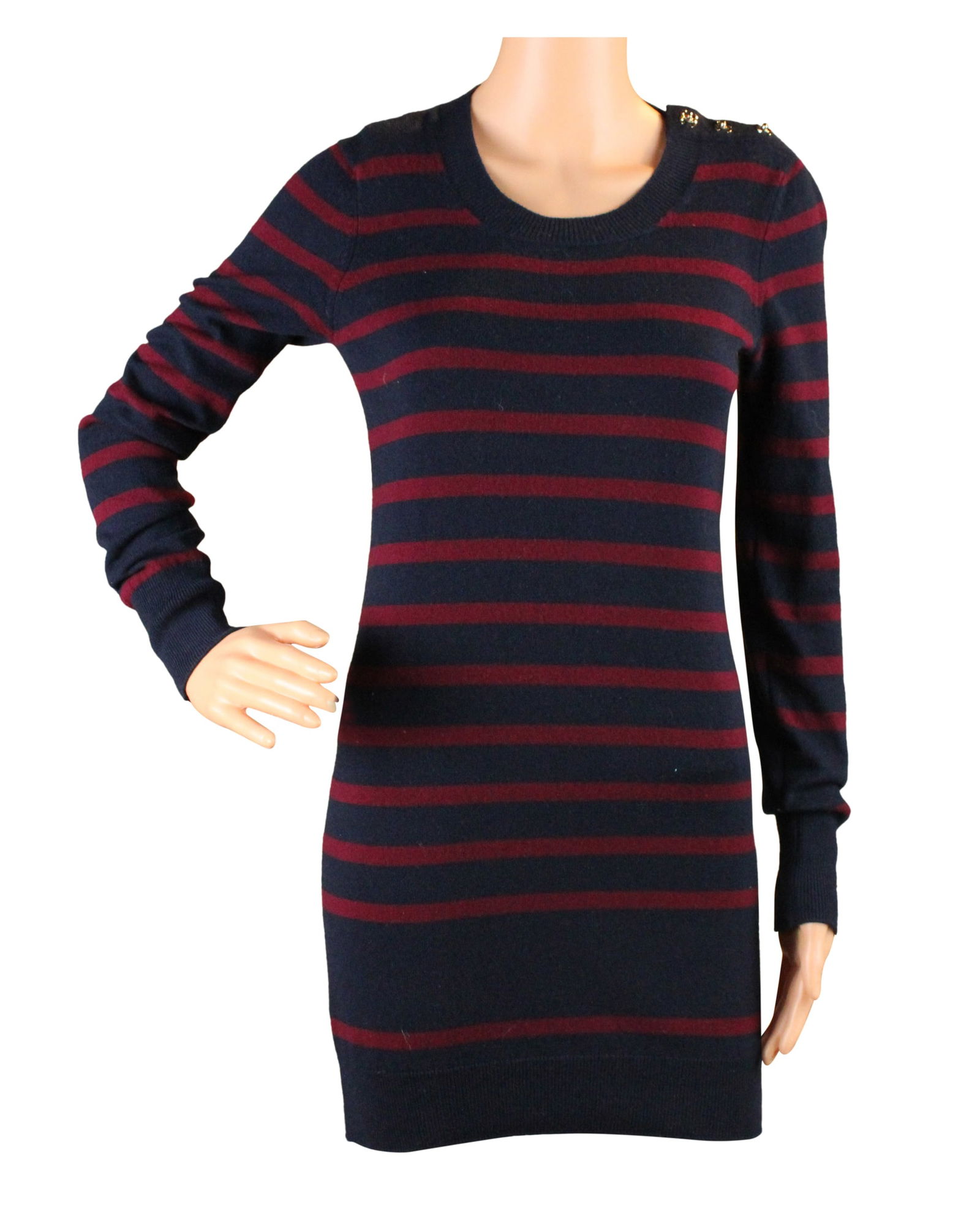 Chanel Blue and Red Stripped Sweater Dress: Chanel Blue and Red Stripped Sweater DressSize 34.Wear associated with use.Provenance: The Estate of Susan Chalom, New York, NYDress: 29 1/2 x 14 1/2 in. (74.9 x 36.8 cm.)