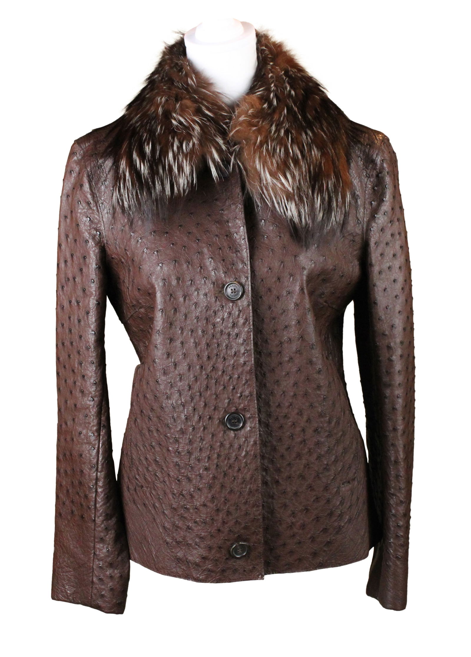 Prada Ostrich Jacket with Fur Collar: Prada Ostrich Jacket with Fur CollarSize 42.Wear associated with use.Provenance: The Estate of Susan Chalom, New York, NY24 x 16 1/2 in. (61 x 41.9 cm.)