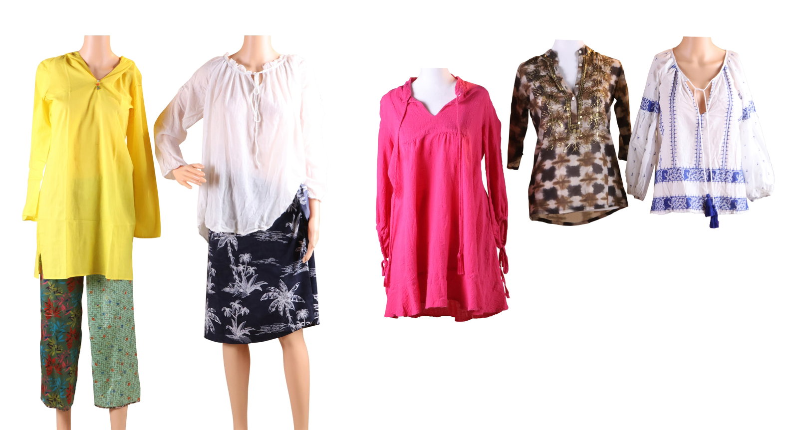 Seven Pieces of Resort Wear: Seven Pieces of Resort Wear Comprising, a Natalie Martin pink coverup, size XS, a Figue beaded and tie dyed shirt, size XXS, a Coco Bello white cotton shirt, a Bardot blue embroidered shirt, size XXS,