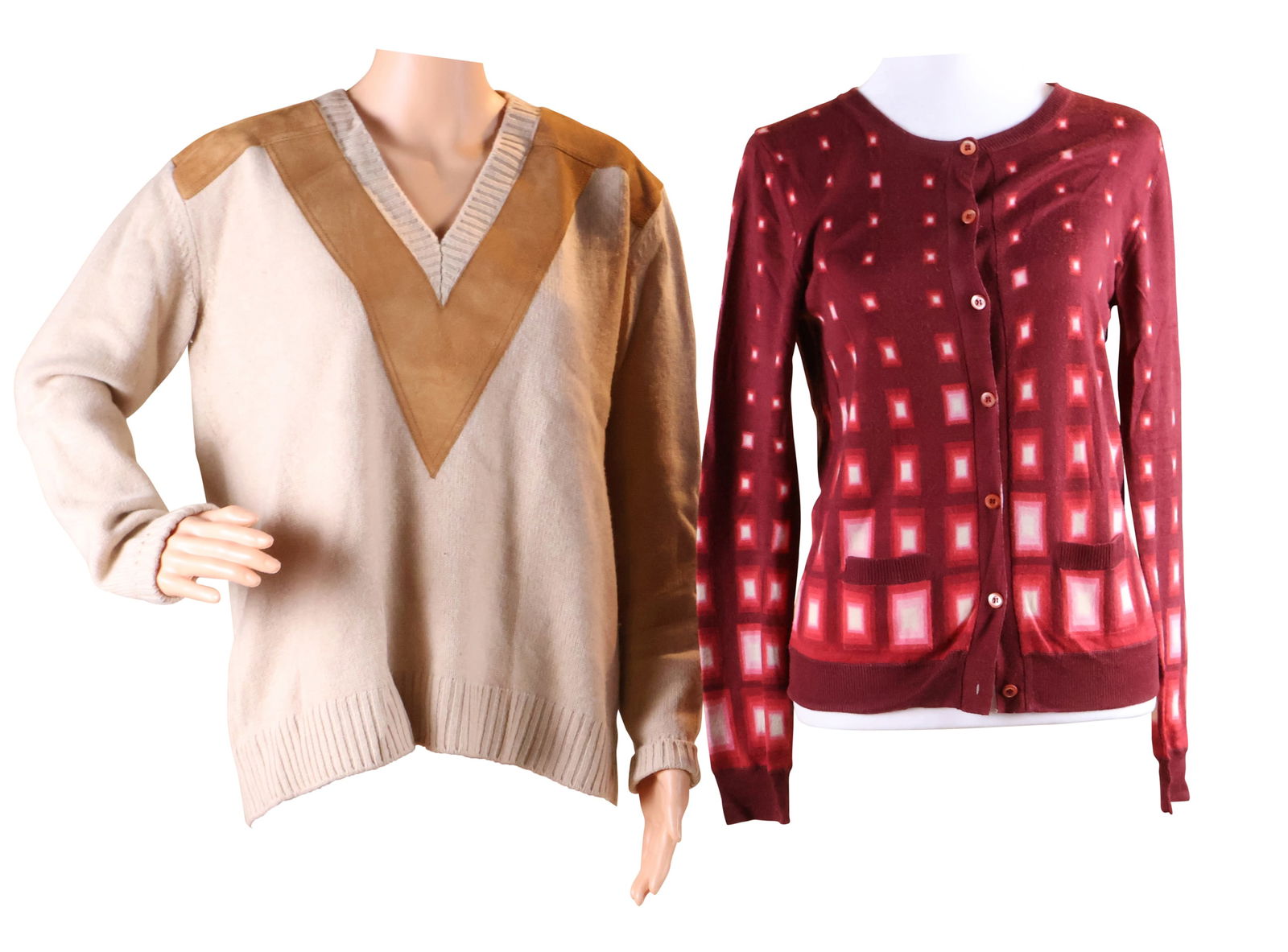 Two Prada Sweaters: Two Prada SweatersComprising, a tan cashmere and suede V-neck sweater, size 38 and a red geometric cardigan.Provenance: The Estate of Susan Chalom, New York, NYCardigan: 23 x 13 in. (58.4 x 33 cm.), T