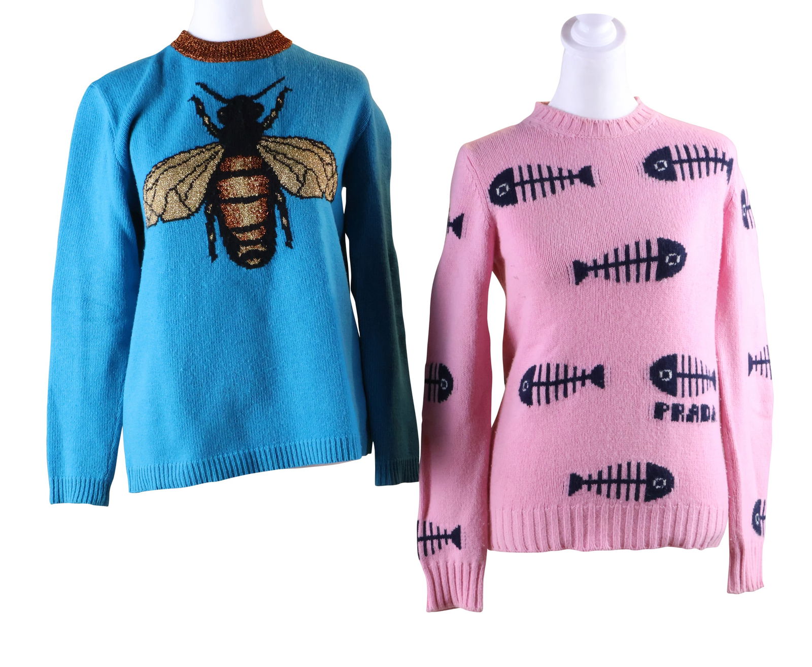 Prada Pink Fishbone Sweater: Prada Pink Fishbone SweaterSize 36. Together with a Gucci bumblebee sweater, size XS.Wear associated with use, stains.Provenance: The Estate of Susan Chalom, New York, NYPrada: 23 1/2 x 15 in. (59.7 x