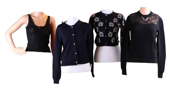 Louis Vuitton Black Lace and Wool Sweater: Louis Vuitton Black Lace and Wool SweaterSize XS. Together with a Louis Vuitton black cashmere cardigan, size XS, and two Miu Miu navy blue cardigans. 4 piecesWear associated with use, stains.Provenan