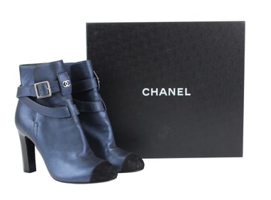 Pair of Chanel Navy Calfskin CC Short Boots