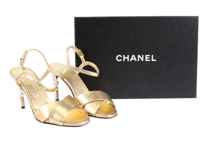 Pair of Chanel Gold Leather Pearl Heel Sandals
