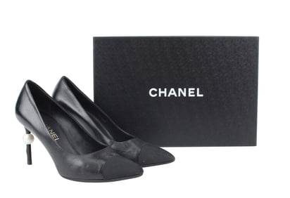 Pair of Chanel Black Leather Pearl Heels