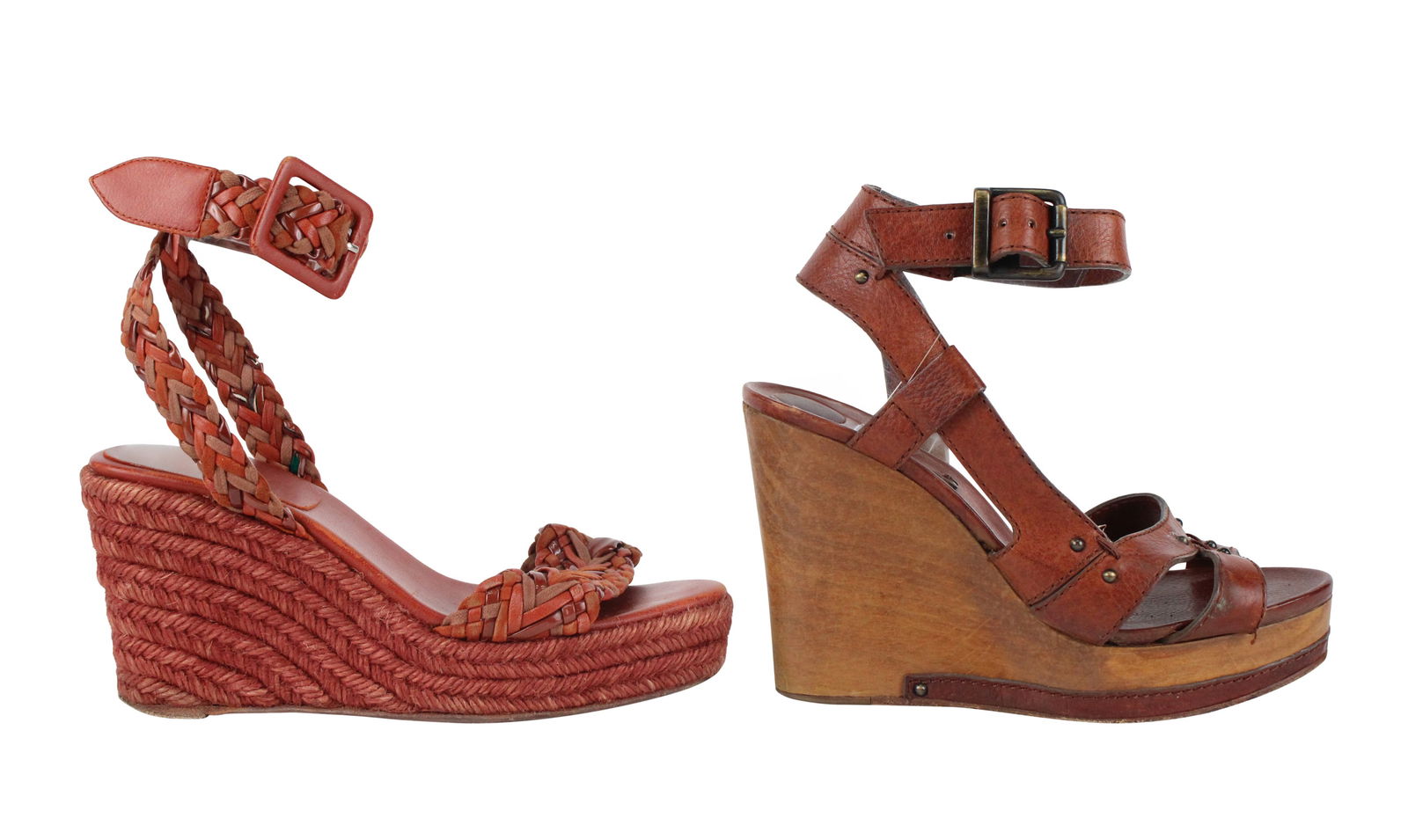 Pair of Hermes Rust and Brown Espadrilles: Pair of Hermes Rust and Brown EspadrillesWith Hermes dust bag, size 36. Together with a pair of Chloe brown wedge sandals, size 36. 2 piecesWear, stains, scuffs associated with use.Provenance: The Est