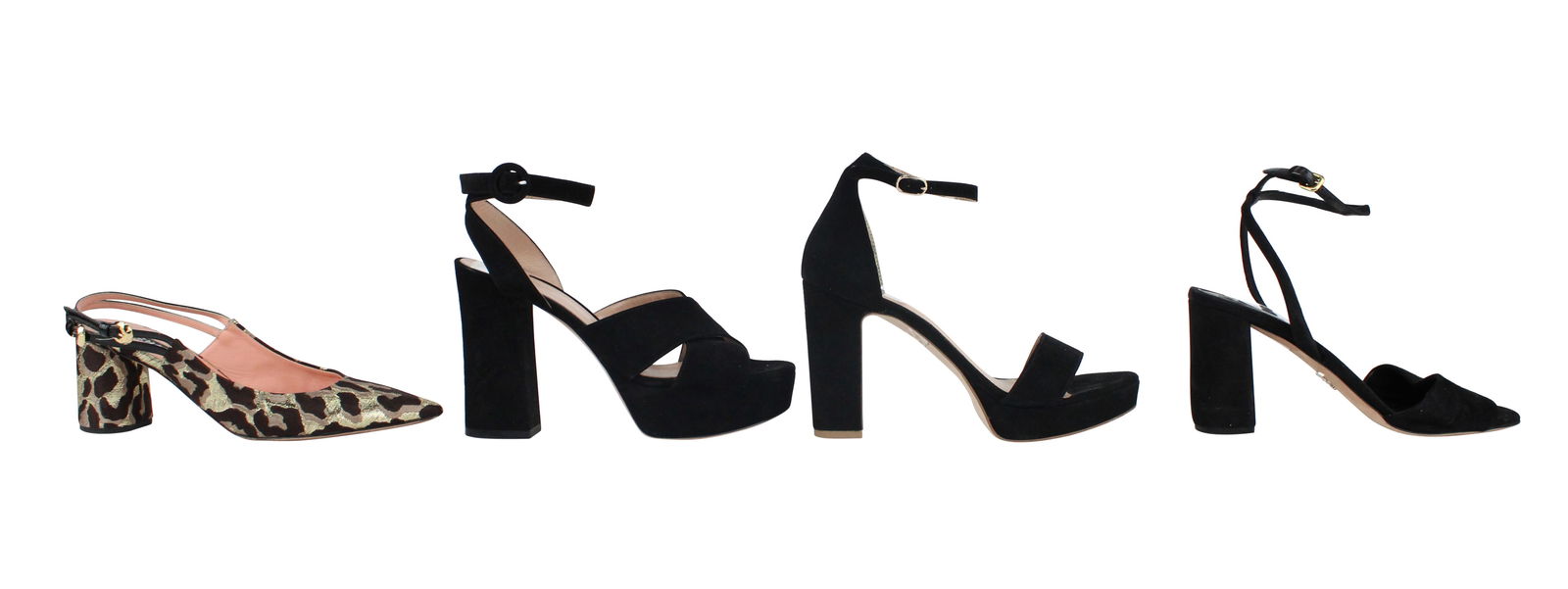 Four Pairs of Designer Heels: Four Pairs of Designer HeelsComprising, a pair of FiveSeventyFive black suede, a pair of Prada sandals, a pair of Giamvito Rossi platform heels, and a pair of Rochas slingbacks. All size 37.Wear, stai