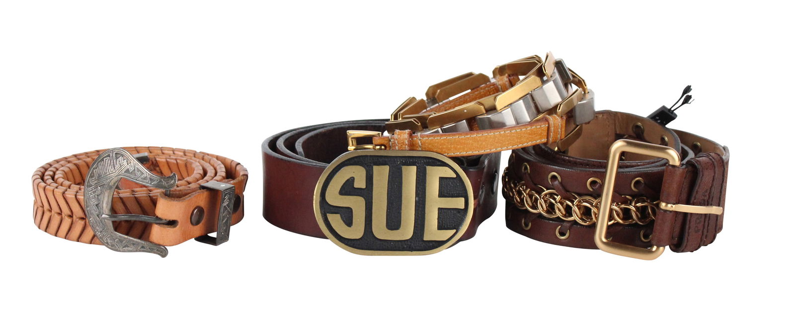 Two Prada Brown Leather and Chain Fashion Belts: Two Prada Brown Leather and Chain Fashion BeltsTogether with a brown leather belt with "Sue" buckle, and a faux-braided brown leather belt. 4 piecesSome wear.Provenance: The Estate of Susan