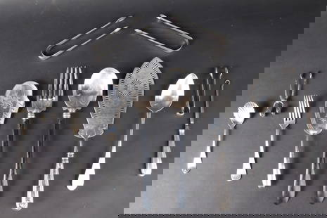 Pair of Sterling Silver and Ebony Handled Salad Servers: Pair of Sterling Silver and Ebony Handled Salad ServersTogether with an Irish sterling silver reticulated server, an illegibly marked coin silver serve, a coin stuffing spoon, two pairs of sterling to