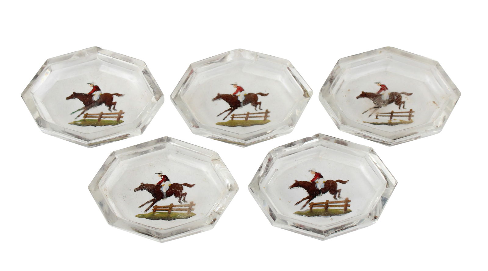 Five Equestrian Intaglio Cut and Reverse Painted Salts: Five Equestrian Intaglio Cut and Reverse Painted Salts20th C.Chips.3/4"h x 2-3/4"w x 2"d