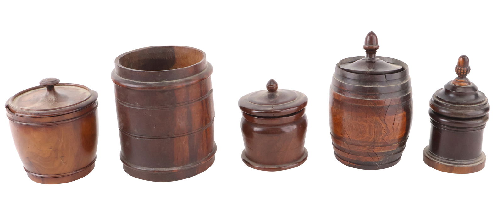 Five Treen Barrel-Form Covered Jars (1 of 9)
