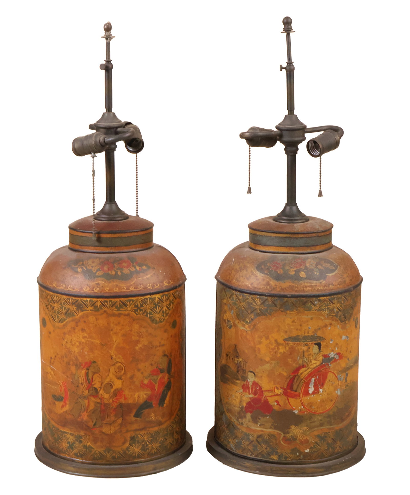 Pair of Tole Tea Cannisters, Fitted as Lamps: Pair of Tole Tea Cannisters, Fitted as Lamps Chinoiserie style. Losses, rust, surface distress. 29 1/2 x 11 x 9 in. (74.9 x 27.9 x 22.9 cm.)