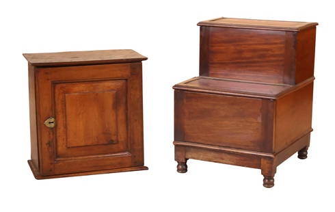 Jacobean Oak Spice Cabinet: Jacobean Oak Spice CabinetEnglish, 18th C. Together with Victorian mahogany bedsteps, English, 19th C.Cabinet: 17 1/2 x 17 1/2 x 9 1/4 in. (44.5 x 44.5 x 23.5 cm.), Steps: 22 1/2 x 17 x 18 in. (57.2 x