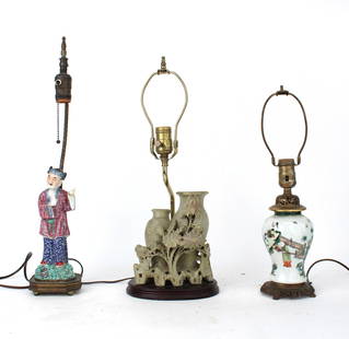 Chinese Carved Soapstone Vase, Mounted as a Lamp: Chinese Carved Soapstone Vase, Mounted as a LampTogether with a Chinese porcelain figure mounted as a lamp and a Chinese famille Vert porcelain lamp. 3 piecesCracks, Wear, surface distress.Largest: 20
