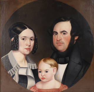 American Folk Art Triple Portrait, Oil on Canvas: American Folk Art Triple PortraitOil on Canvasc. 1840, An imposing triple portrait of a couple and their young child, the mother, with a highly detailed lace color, excellent curls, father, with a fin