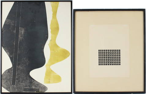 Victor Vasarely, Hungarian/French 1906-1997, Dans une pochette avec une etude de Imre Pan,: Victor VasarelyHungarian/French, 1906-1997Dans une pochette avec une etude de Imre PanLithographSigned in pencil l.r., numbered 57/60. Together with an abstract print in black and yellow. 2 piecesSigh