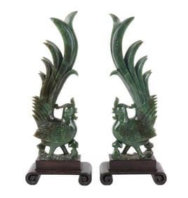 Pair of Chinese Green Hardstone Birds