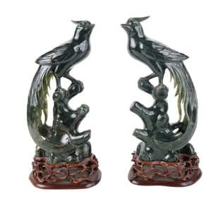Two Chinese Green Hardstone Birds