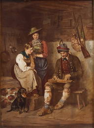 Franz von Defregger, German/Austrian 1835-1921, Musician, Woman, and Dog, Oil on Board