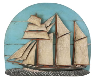 Folk Art Carved and Painted Wood Wall Plaque of a Schooner