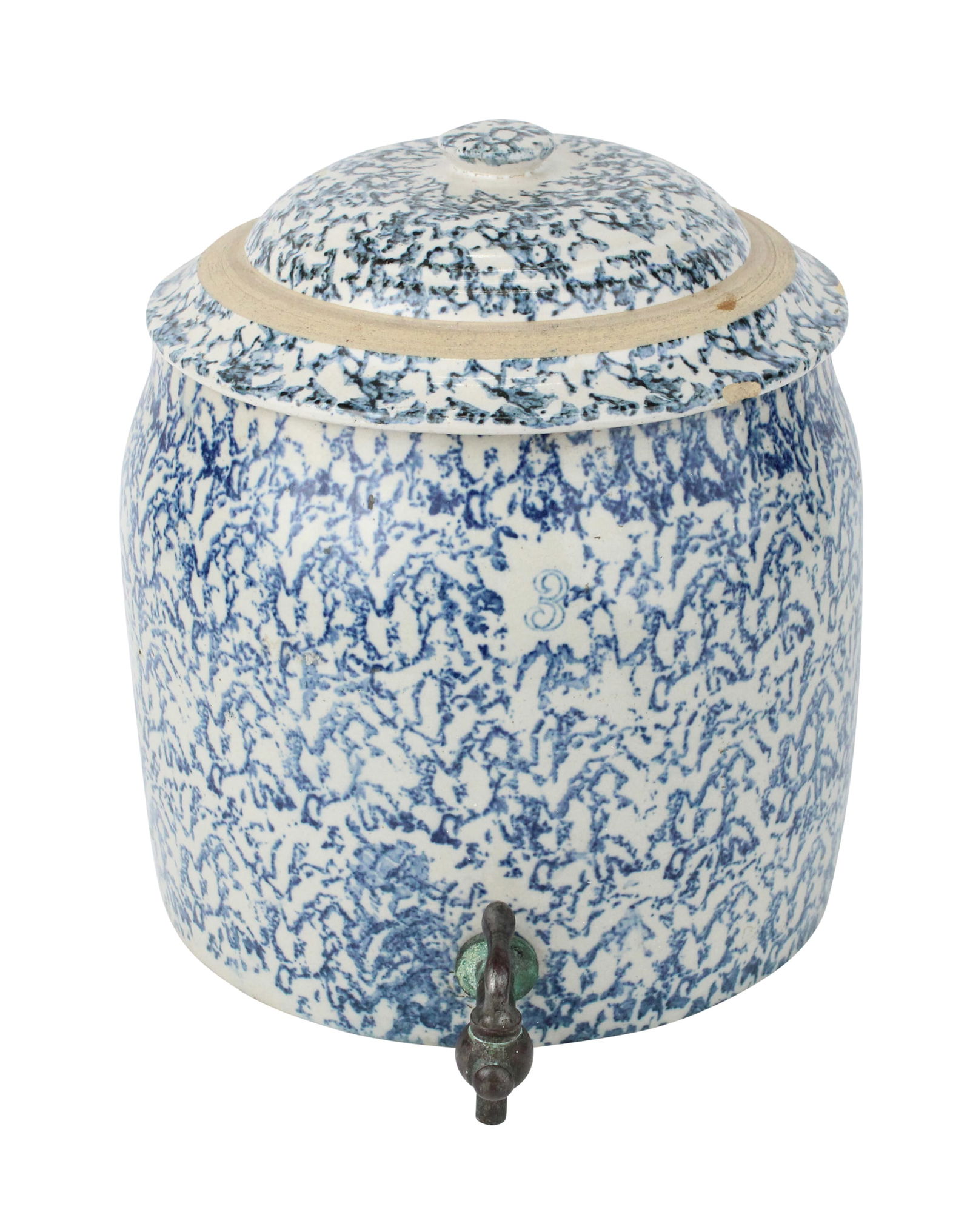 Stoneware Sponge Decorated Water Dispenser: Stoneware Sponge Decorated Water DispenserMarked "3"Large chip to lid.12 3/4 x 11 1/2 in. (32.4 x 29.2 cm.)