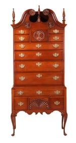 Chippendale Carved Cherrywood Bonnet Top Highboy