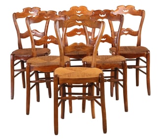 Six French Provincial Walnut Rush Seat Side Chairs