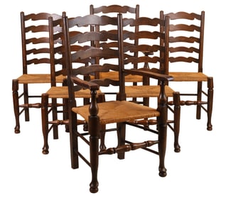 Six William and Mary Style Yewwood Ladder Back Dining Chairs