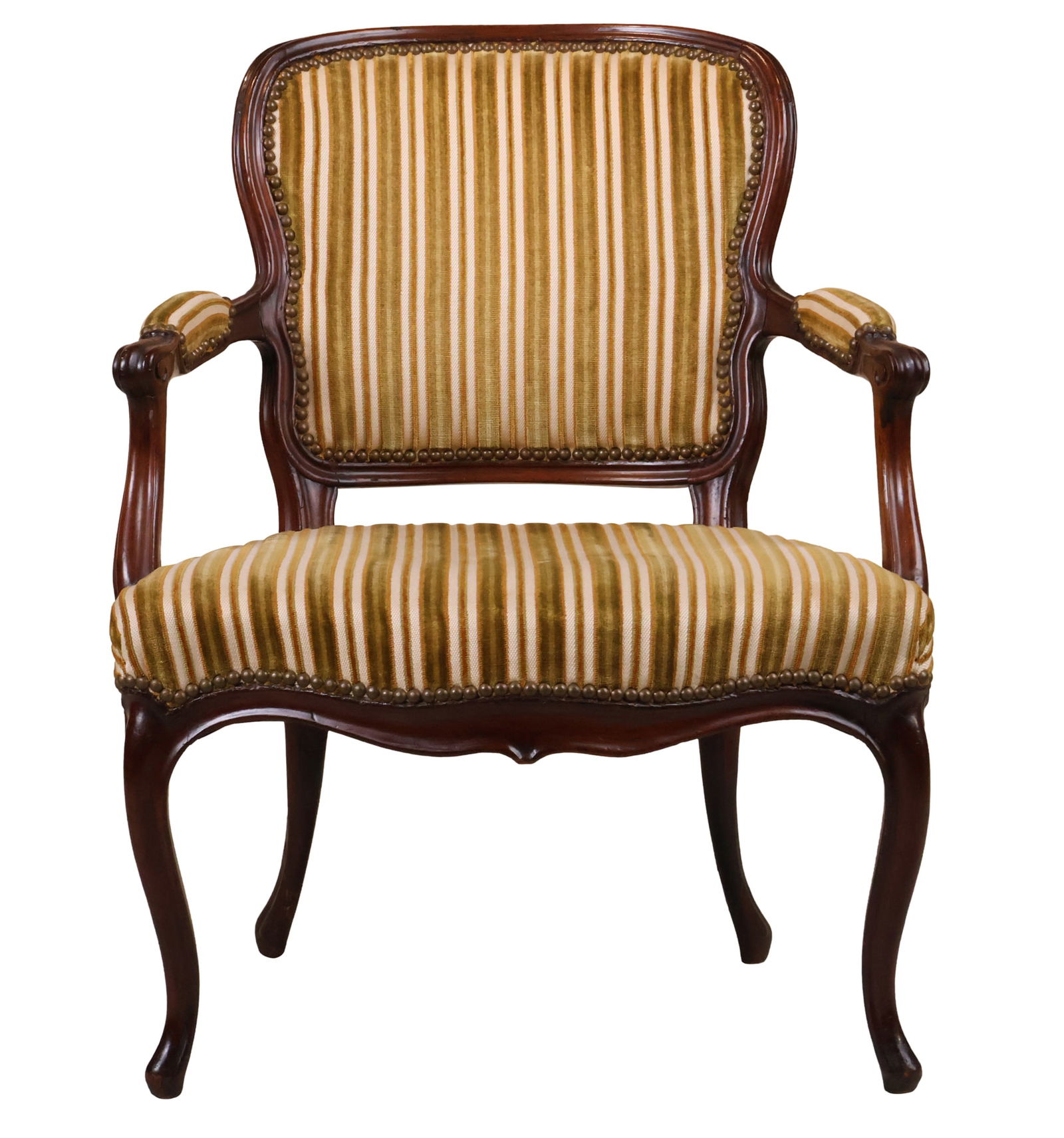 George III Carved Walnut Armchair: George III Carved Walnut ArmchairEnglish or French, 18th C. with striped upholstery.32 3/4 x 25 1/2 x 19 in. (83.2 x 64.8 x 48.3 cm.)