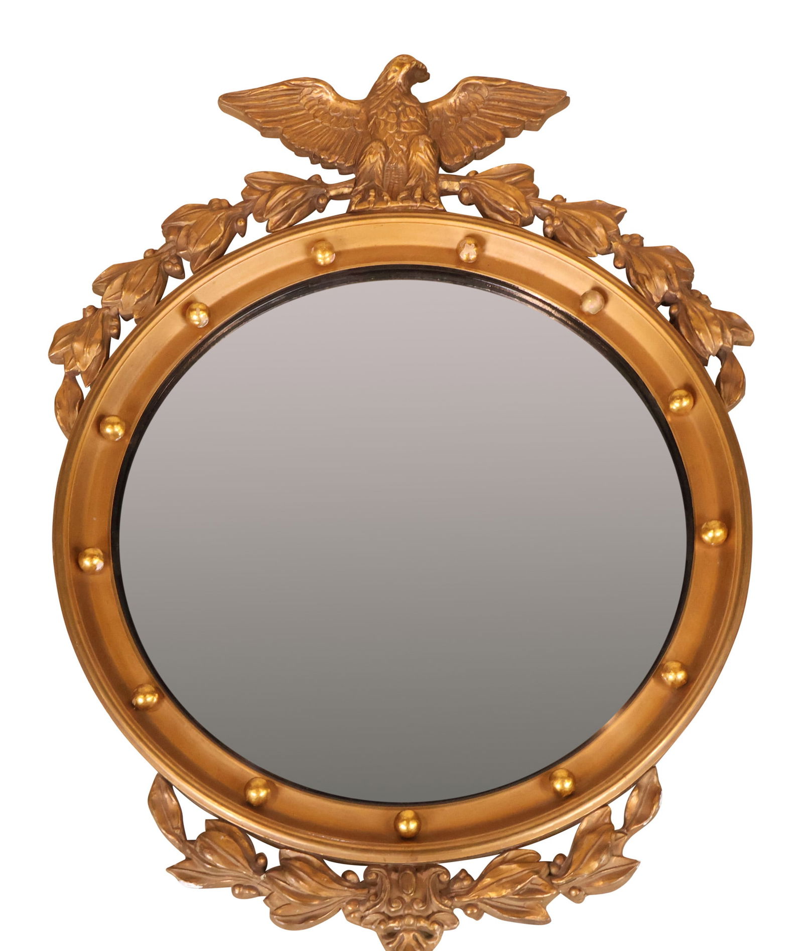 Federal Style Giltwood Convex Mirror: Federal Style Giltwood Convex Mirror20th/21st C. with eagle finial and swags.Surface distress.30 x 22 1/4 in. (76.2 x 56.5 cm.)