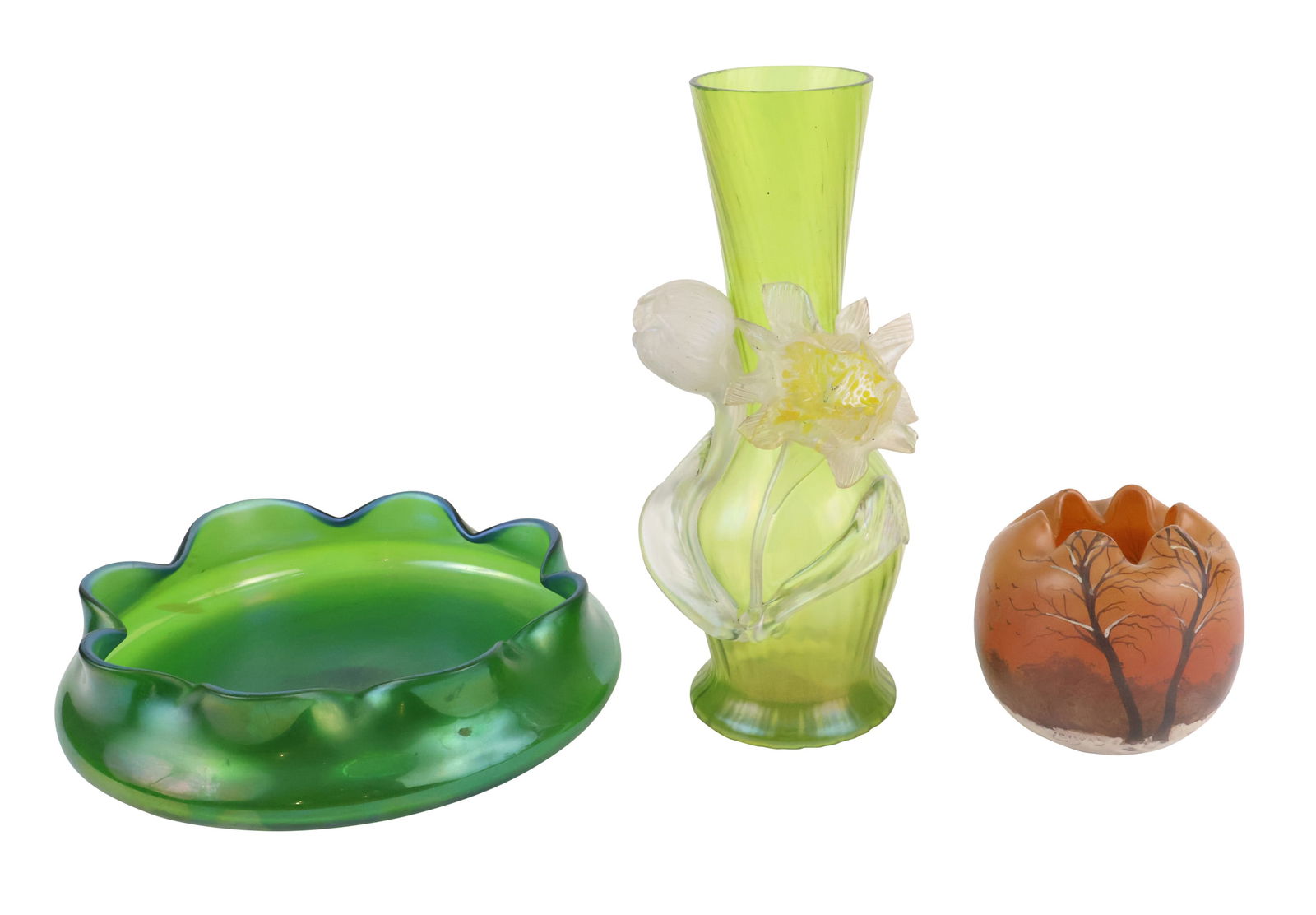 Loetz Art Glass Vase with Applied Flowers: Loetz Art Glass Vase with Applied FlowersWilhelm Kralik applied flower vase. Green glass with daffodil and tulips. Unmarked. Together with a Loetz blue-green glass shallow bowl and Legras Enameled Gla