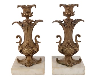 Pair of Ornate Gilt-Bronze and Marble Candlesticks