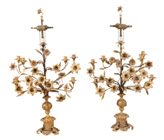 Pair of Floral-Decorated Gilt-Bronze Table Lamps