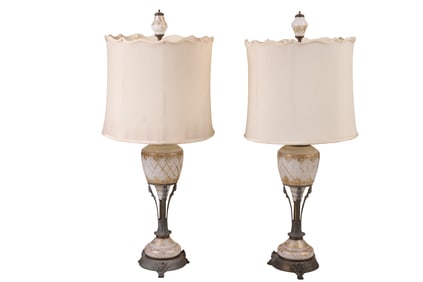 Pair of Parcel-Gilt Milk Glass Table Lamps