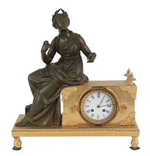Neoclassical Figural Gilt Bronze Mantel Clock: Neoclassical Figural Gilt Bronze Mantel Clock19th/20th C.Losses, surface distress.18 x 16 1/2 x 6 1/2 in. (45.7 x 41.9 x 16.5 cm.)