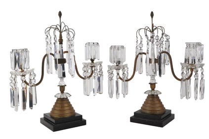 Pair of Georgian Style Brass and Crystal Girandoles