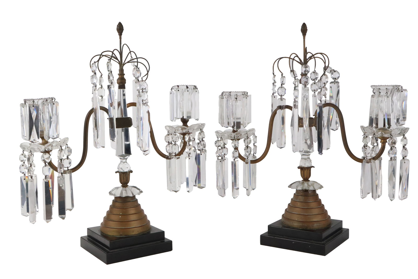 Pair of Georgian Style Brass and Crystal Girandoles: Pair of Georgian Style Brass and Crystal Girandoles 19th C. Losses to crystals. 20 1/2 x 16 x 9 in. (52.1 x 40.6 x 22.9 cm.)