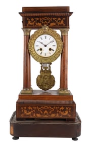 French Empire Fruitwood Inlay and Ormolu Mounted Portico Clock