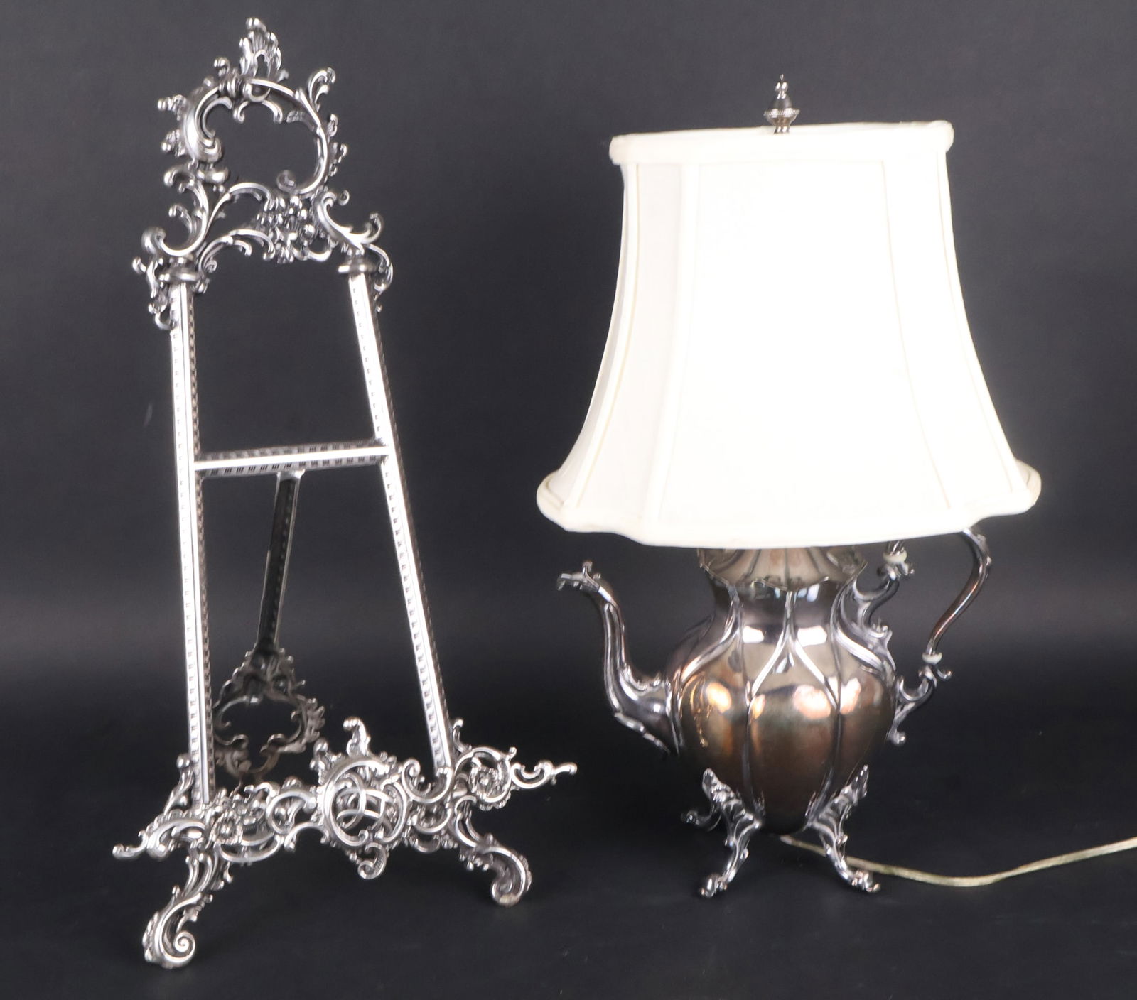 Silver Teapot Lamp and Silver Tabletop Easel