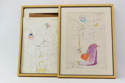 Two French Whimsical Mixed Media on Paper